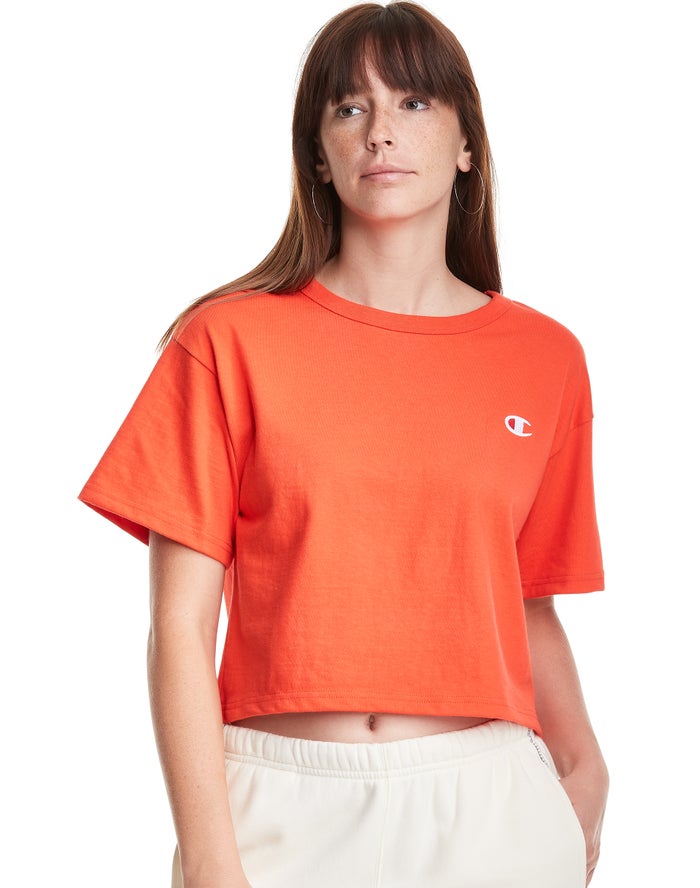 Champion Dame T-Shirts Orange - Heritage Cropped C Logo - Danmark KIU-710289